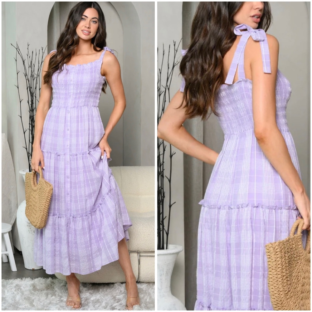 Edit By Nine Lavender Plaid Tiered Maxi Dress - Picture 7 of 7